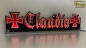 Mobile Preview: LED Namensschild Symbolik Eisernes Kreuz Gravur "Claudia" oder Wunschname in Frakturschrift Altdeutsch als Konturschnitt - Truckerschild Neonschild Leuchtschild