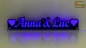 Preview: LED Namensschild Duo Gravur "Anna & Luc" + Herzen oder 2 Doppel-Wunschnamen Paar als Konturschnitt - Truckerschild Leuchtschild