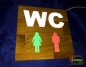 Preview: Holz - LED WC-Schild quadratisch "WC mit Piktogramm + getrennte Farbsteuerung Symbolik"  LED Toilettenschild - LED WC Schild