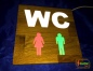 Preview: Holz - LED WC-Schild quadratisch "WC mit Piktogramm + getrennte Farbsteuerung Symbolik"  LED Toilettenschild - LED WC Schild