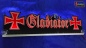 Preview: LED Namensschild Symbolik Eisernes Kreuz Gravur "Gladiator" oder Wunschname in Frakturschrift Altdeutsch als Konturschnitt - Truckerschild Neonschild Leuchtschild