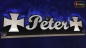 Preview: LED Namensschild Symbolik Eisernes Kreuz Gravur "Peter" oder Wunschname als Konturschnitt - Truckerschild Neonschild Leuchtschild