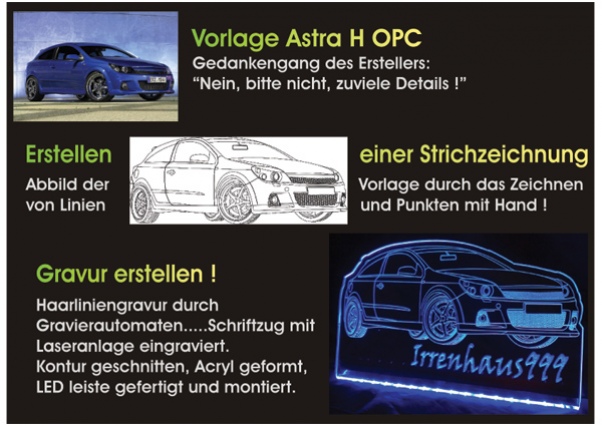 LED Fahrzeug-Gravur für "Opel Astra H OPC - GTC - 16V" Oldtimer Liebhaber Tuning Wanddekoration Leuchtschild