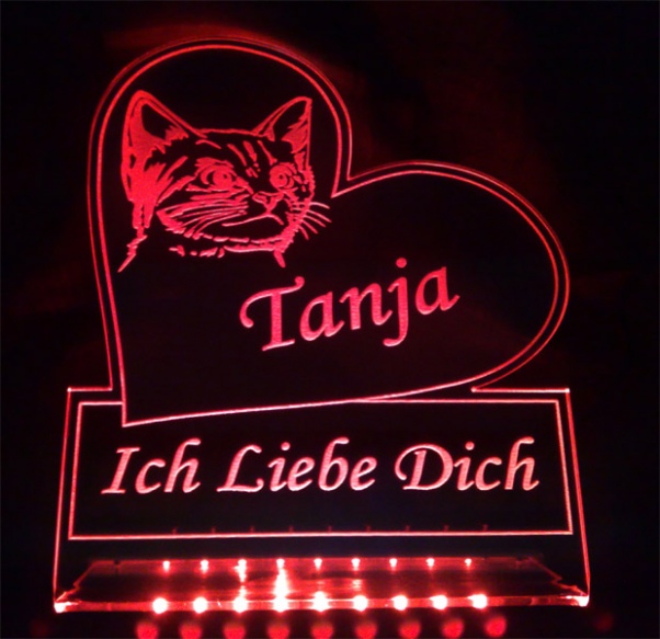 LED Aufsteller Herz "Ich liebe dich + Katze + Wunschname" Geschenk Liebe Lampe Leuchtschild