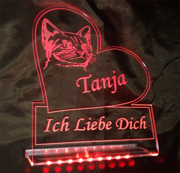 LED Aufsteller Herz "Ich liebe dich + Katze + Wunschname" Geschenk Liebe Lampe Leuchtschild