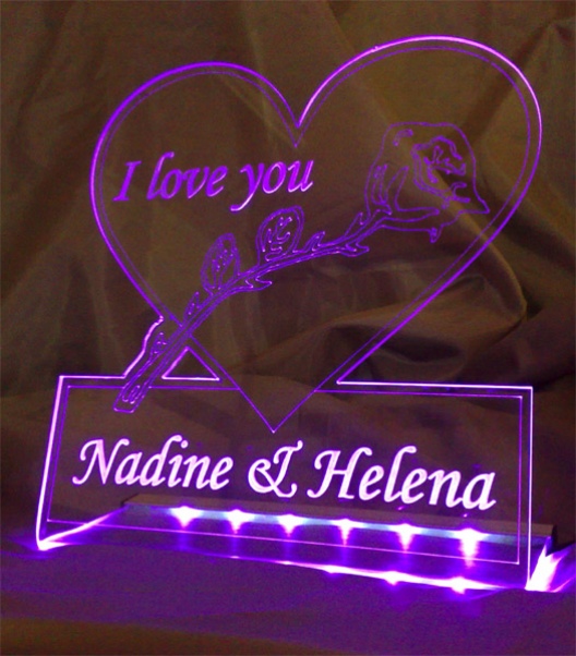 #LED Aufsteller Herz + Ringe Spruch Gravur "XXX" - Geschenk Liebe Hochzeit Heirat Lampe Leuchte