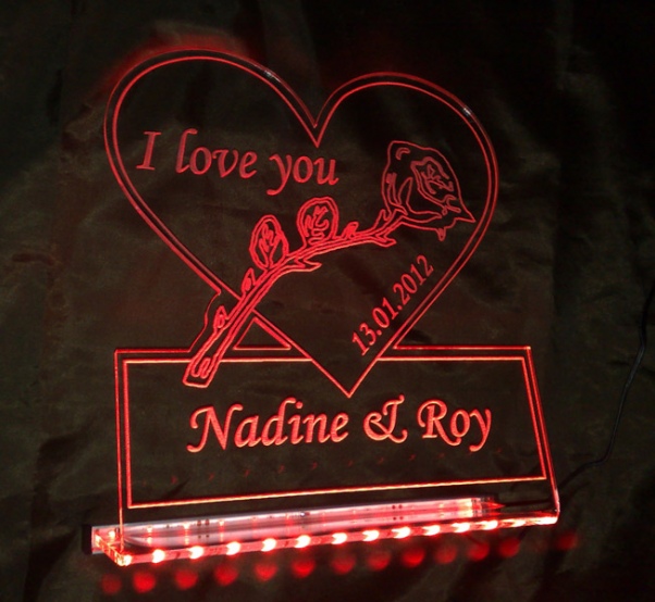 Preview: LED Aufsteller Herz "I love you + Rose + Wunschnamen + Datum" Geschenk Liebe Lampe Leuchtschild