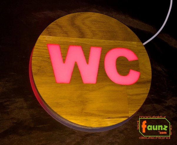 Preview: Holz - LED WC-Schild rund "WC Schild mit Farbsteuerung "  LED Toilettenschild - LED frei besetzt WC Schild