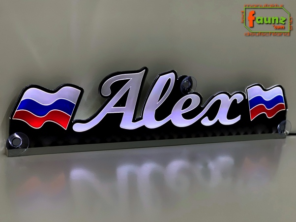 LED Namensschild Symbolik Flagge Russland Gravur "Alex" oder Wunschname + beliebige Fahne horizontal dreifarbig als Konturschnitt - Truckerschild Neonschild Leuchtschild