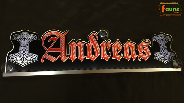 LED Namensschild Symbolik Mjölnir Thorshammer Gravur "Andreas" oder Wunschname als Konturschnitt - Truckerschild Neonschild Leuchtschild