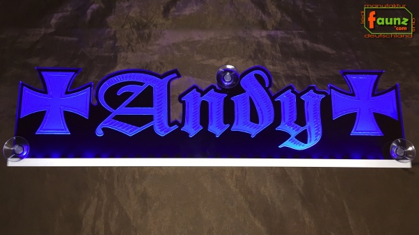 LED Namensschild Symbolik Eisernes Kreuz Gravur "Andy" oder Wunschname als Konturschnitt - Truckerschild Neonschild Leuchtschild