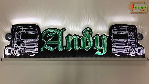 LED Namensschild Detailzeichnung Zugmaschine Gravur "Andy" oder Wunschname als Konturschnitt - Truckerschild Neonschild Leuchtschild