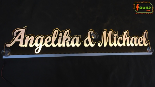 LED Namensschild Duo Gravur "Angelika & Michael" oder 2 Wunschnamen Paar als Konturschnitt - Truckerschild Leuchtschild