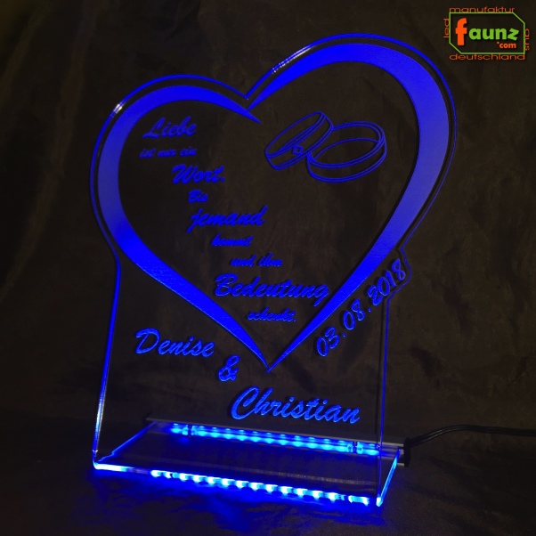 LED Aufsteller Herz + Ringe Spruch Gravur "Zwei Namen nach Wunsch" - Geschenk Liebe Hochzeit Heirat Lampe Leuchte