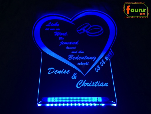 LED Aufsteller Herz + Ringe Spruch Gravur "Zwei Namen nach Wunsch" - Geschenk Liebe Hochzeit Heirat Lampe Leuchte