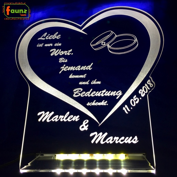 LED Aufsteller Herz + Ringe Spruch Gravur "Zwei Namen nach Wunsch" - Geschenk Liebe Hochzeit Heirat Lampe Leuchte