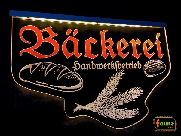 LED Werbeschild Firmenschild Gravur "Bäckerei Handwerksbetrieb" in Frakturschrift Altdeutsch - Ladenschild Leuchtreklame Leuchtschild