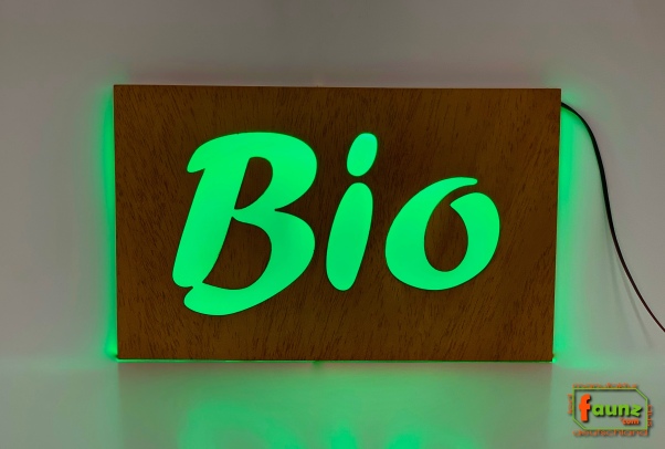 LED Schild Bio - Werbeschildkombination Holz-Acryl