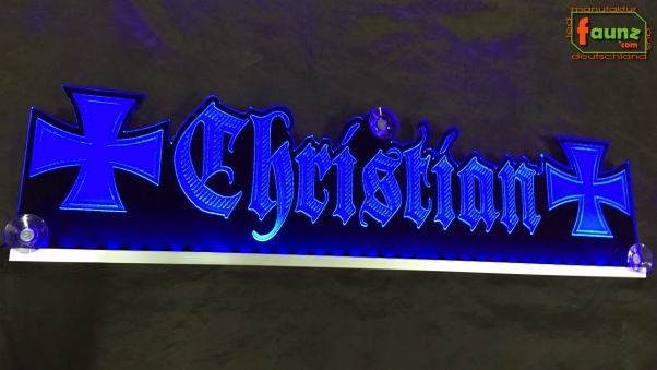 LED Namensschild Symbolik Eisernes Kreuz Gravur "Christian" oder Wunschname als Konturschnitt - Truckerschild Neonschild Leuchtschild