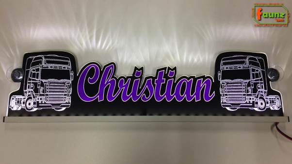 "LED Namensschild Detailzeichnung Zugmaschine Gravur ""Christian"" oder Wunschname als Konturschnitt - Truckerschild Neonschild Leuchtschild"