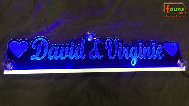 LED Namensschild Duo Gravur "David & Virginie" + Herzen oder Wunschnamen Paar als Konturschnitt - Truckerschild Leuchtschild