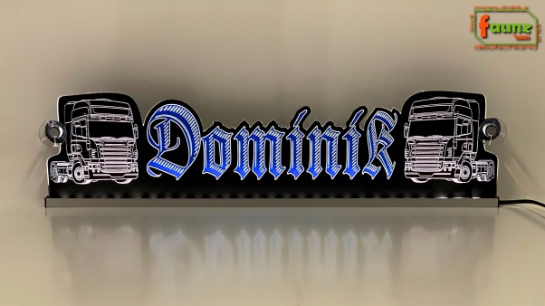 LED Namensschild Detailzeichnung Zugmaschine Gravur "Dominik" oder Wunschname in Frakturschrift Altdeutsch als Konturschnitt - Truckerschild Neonschild Leuchtschild