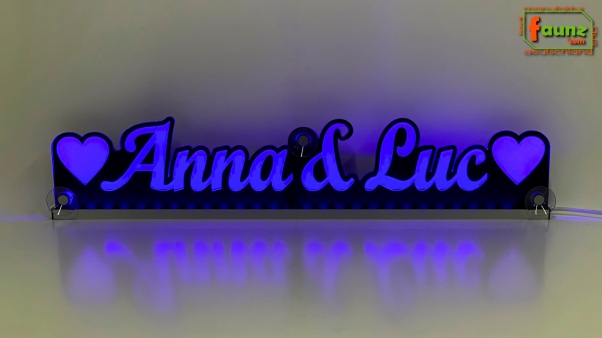 LED Namensschild Duo Gravur "Anna & Luc" + Herzen oder 2 Doppel-Wunschnamen Paar als Konturschnitt - Truckerschild Leuchtschild