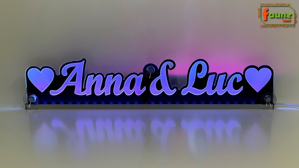 LED Namensschild Duo Gravur "Anna & Luc" + Herzen oder 2 Doppel-Wunschnamen Paar als Konturschnitt - Truckerschild Leuchtschild