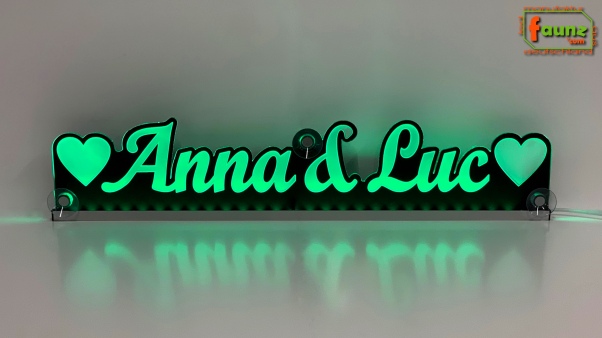 LED Namensschild Duo Gravur "Anna & Luc" + Herzen oder 2 Doppel-Wunschnamen Paar als Konturschnitt - Truckerschild Leuchtschild