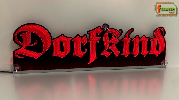 LED Namensschild Gravur "Dorfkind" oder Wunschname in Frakturschrift Altdeutsch als Konturschnitt - Truckerschild Neonschild Leuchtschild