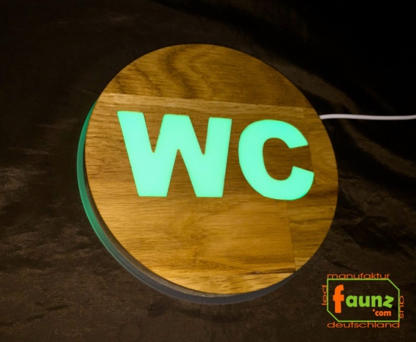 Preview: Holz - LED WC-Schild rund "WC Schild mit Farbsteuerung "  LED Toilettenschild - LED frei besetzt WC Schild