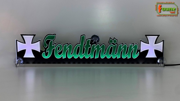 LED Namensschild Symbolik Eisernes Kreuz Gravur "Fendtmänn" oder Wunschname als Konturschnitt - Truckerschild Neonschild Leuchtschild