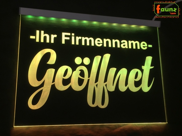 Preview: LED Hinweisschild "Geöffnet + Firmenname" | Acrylglas Leuchtschild