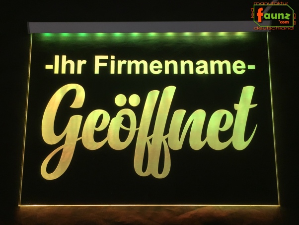 Preview: LED Hinweisschild "Geöffnet + Firmenname" | Acrylglas Leuchtschild