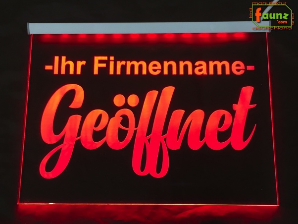 LED Hinweisschild "Geöffnet + Firmenname" | Acrylglas Leuchtschild