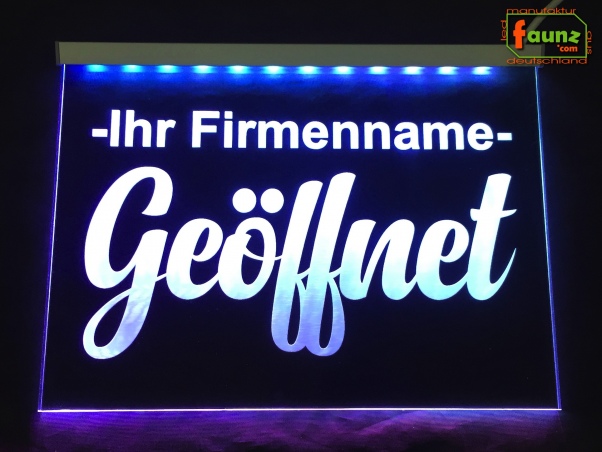 LED Hinweisschild "Geöffnet + Firmenname" | Acrylglas Leuchtschild