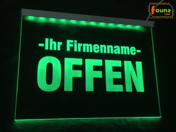 Preview: LED Hinweisschild "Offen + Firmenname" | Acrylglas Leuchtschild