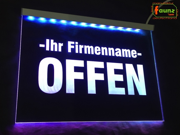 Preview: LED Hinweisschild "Offen + Firmenname" | Acrylglas Leuchtschild
