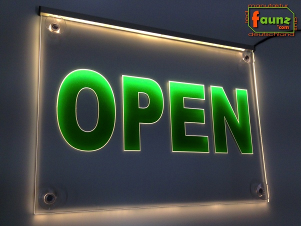 Preview: LED Hinweisschild Gravur “Open" Info-Schild Signalschild Werbeschild Leuchtschild
