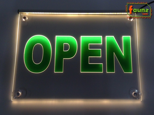 Preview: LED Hinweisschild Gravur “Open" Info-Schild Signalschild Werbeschild Leuchtschild
