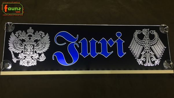 LED Namensschild Symbolik Adler Russland BRD Gravur "Juri" Altdeutsch oder Wunschname auf Rechteckplatte - Truckerschild Neonschild Leuchtschild