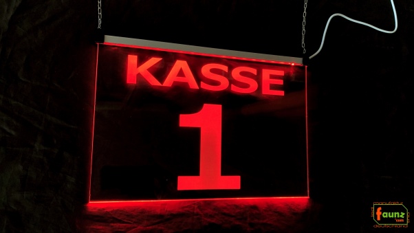 LED Kassenschild Aufhänger Nummer "KASSE 1 oder beliebige Ziffer" - Hängeschild Kassenbeschilderung Leuchtschild mit Farbsteuerung per Schalter