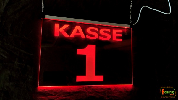 LED Kassenschild Aufhänger 3er Set "KASSE 1 - 3" Preisvorteil Hängeschild Kassenbeschilderung Nummer Leuchtschild mit Farbsteuerung direkte Anbindung Kassensystem