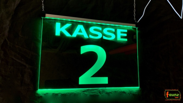 LED Kassenschild Aufhänger 2er Set "KASSE 1 - 2" Preisvorteil Hängeschild Kassenbeschilderung Nummer Leuchtschild mit Farbsteuerung per Schalter