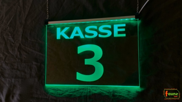 LED Kassenschild Aufhänger 3er Set "KASSE 1 - 3" Preisvorteil Hängeschild Kassenbeschilderung Nummer Leuchtschild mit Farbsteuerung direkte Anbindung Kassensystem