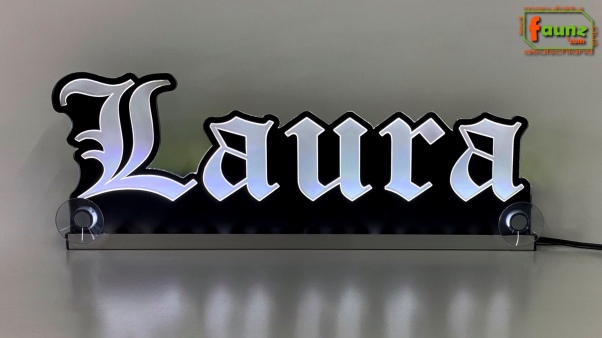 LED Namensschild Gravur "Laura" oder Wunschname in Frakturschrift Altdeutsch als Konturschnitt - Truckerschild Neonschild Leuchtschild