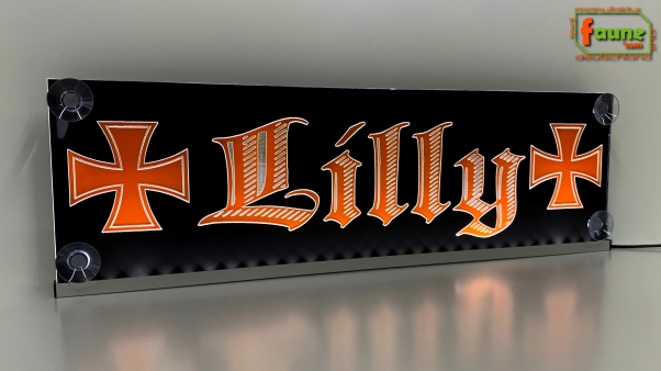 LED Namensschild Symbolik Gravur "Lilly" oder Wunschname in Frakturschrift Altdeutsch als Konturschnitt - Truckerschild Neonschild Leuchtschild