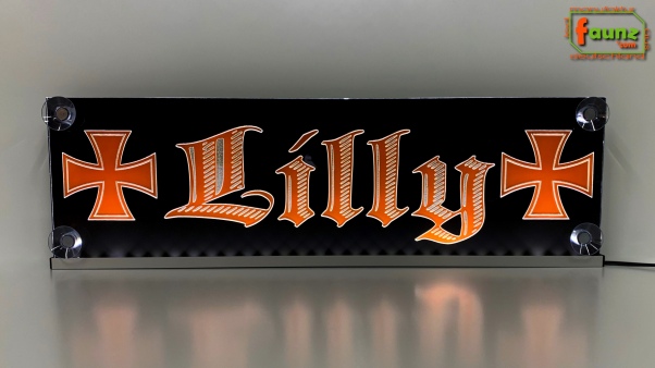 LED Namensschild Symbolik Gravur "Lilly" oder Wunschname in Frakturschrift Altdeutsch als Konturschnitt - Truckerschild Neonschild Leuchtschild