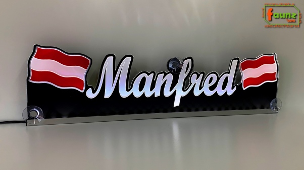 LED Namensschild Symbolik Flagge Österreich Gravur "Manfred" oder Wunschname + beliebige Fahne horizontal dreifarbig als Konturschnitt - Truckerschild Neonschild Leuchtschild