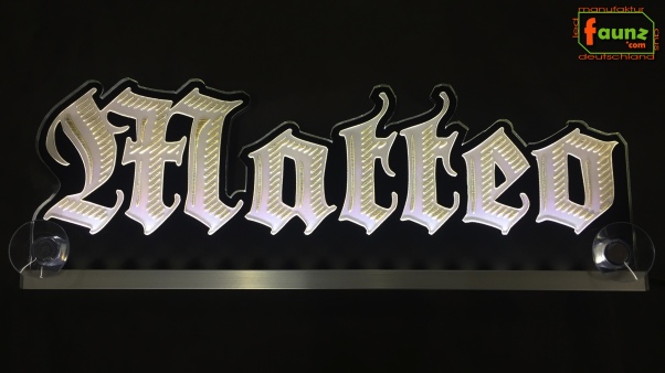 LED Namensschild Gravur "Matteo" oder Wunschname in Frakturschrift Altdeutsch als Konturschnitt - Truckerschild Neonschild Leuchtschild